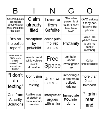 FNOL Bingo Card