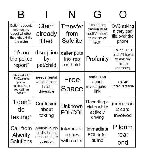 FNOL Bingo Card