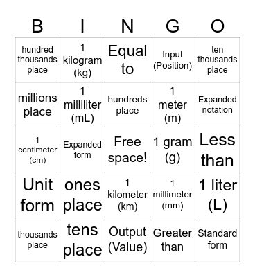 Math Bingo Card