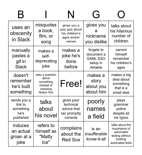 Check a box whenever Matt... Bingo Card