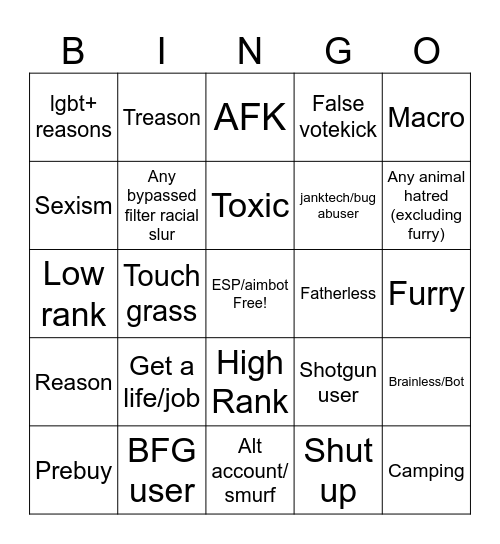 Vk Reasons Bingo Card