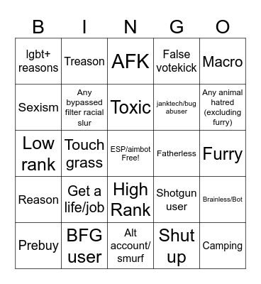 Vk Reasons Bingo Card