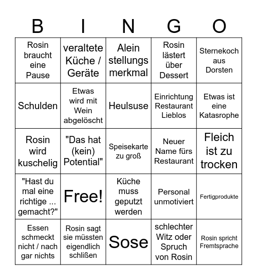 Rosins Restaurant Bingo Card