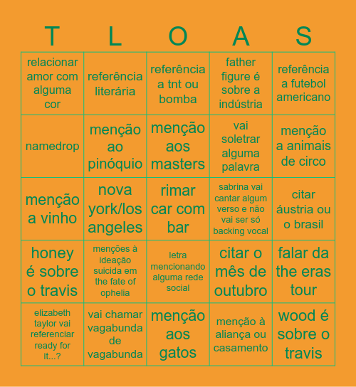 the life of a showgirl Bingo Card