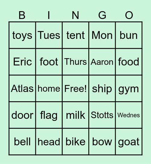 Lesson 4 Picture Plus Bingo Card