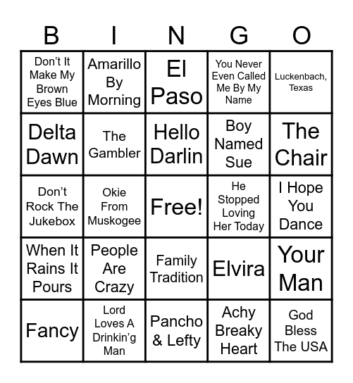 Country Music Bingo Card