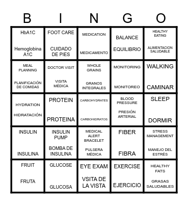 DIABETES BINGO Card