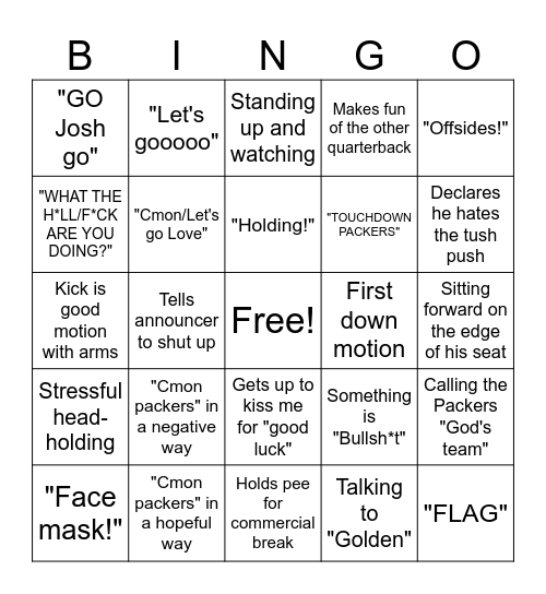 Christian watching a Packer Game Bingo Card