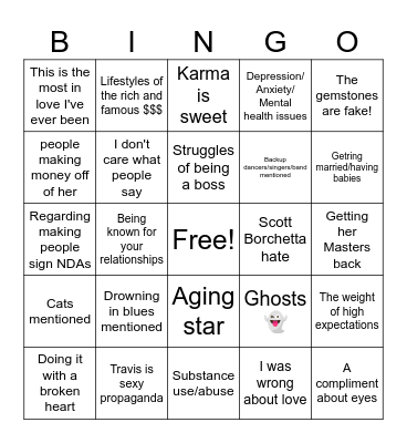 Showgirl Bingo Card