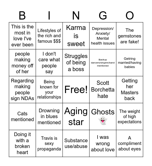 Showgirl Bingo Card