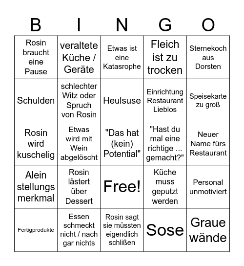 Rosins Restaurant Bingo Card
