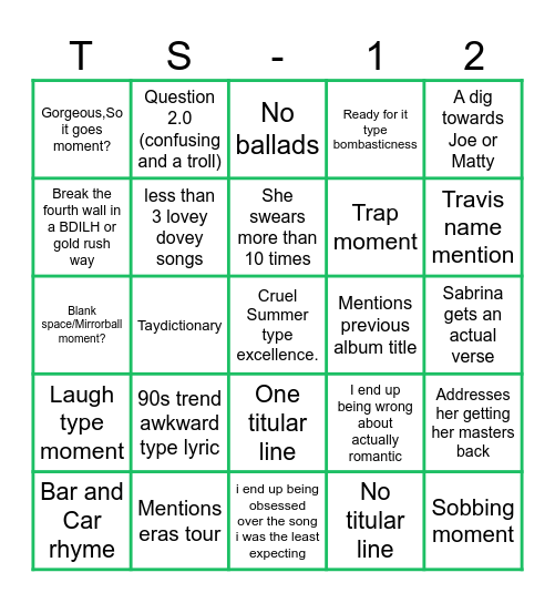 The life of a Showgirl Bingo Card