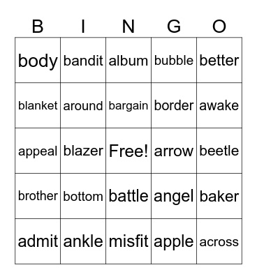 2-Syllable Words Bingo Card