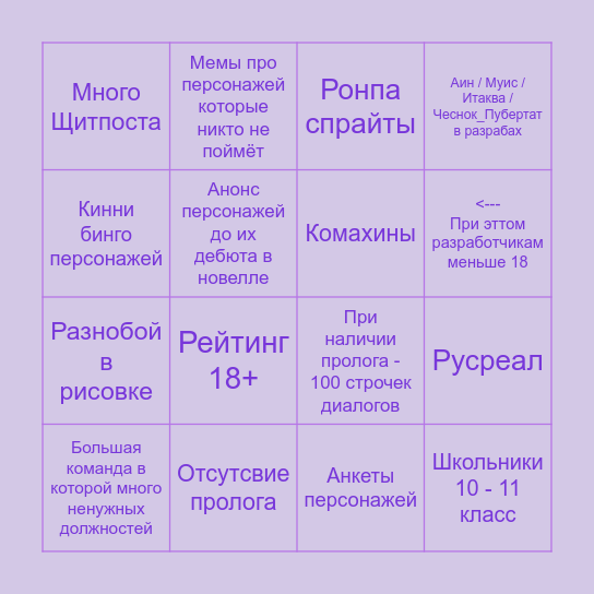 ФанТпох / ФанРонпа / ФанНовелла Бинго Bingo Card