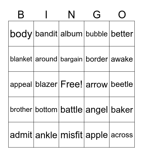 2-Syllable Words Bingo Card