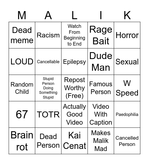 Tiktok Bingo Card