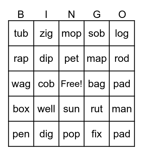 Mixed Short Vowel Bingo Card