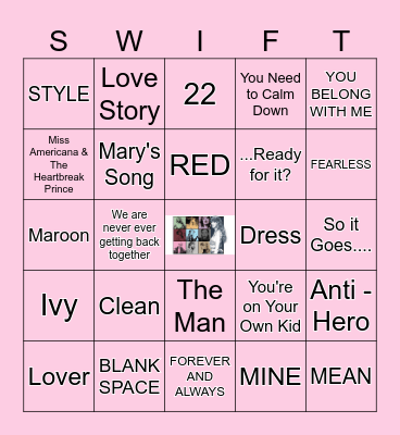 TAYLOR SWIFT SONGS Bingo Card