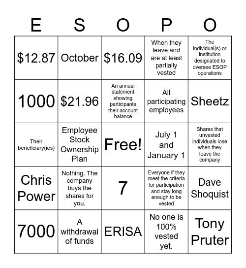 ESOP Month! Bingo Card