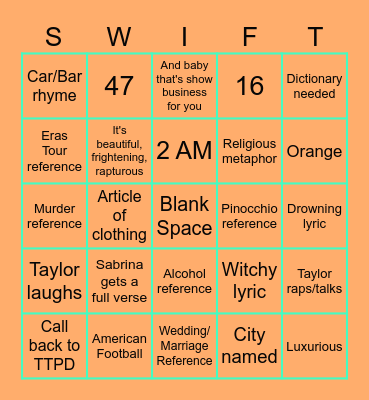 The Life of a Showgirl Bingo Card