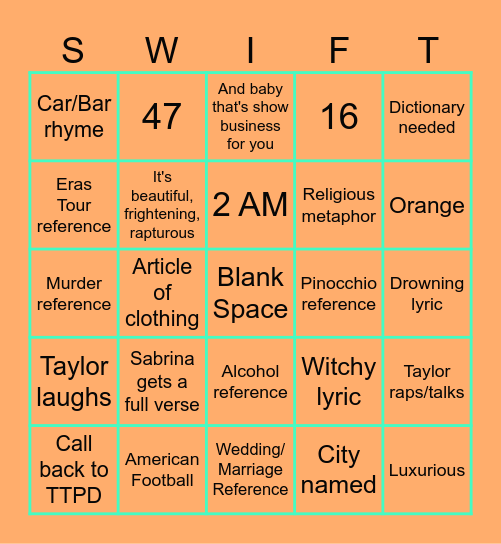 The Life of a Showgirl Bingo Card
