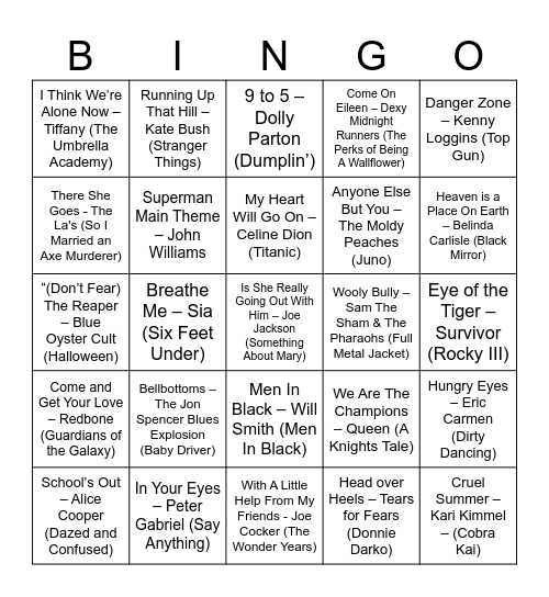 Movies & TV Soundtrack Songs Bingo Card