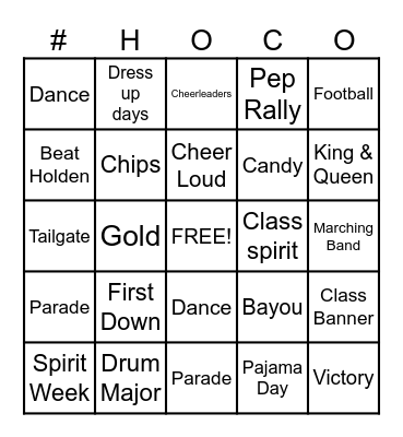 Homecoming Bingo Card