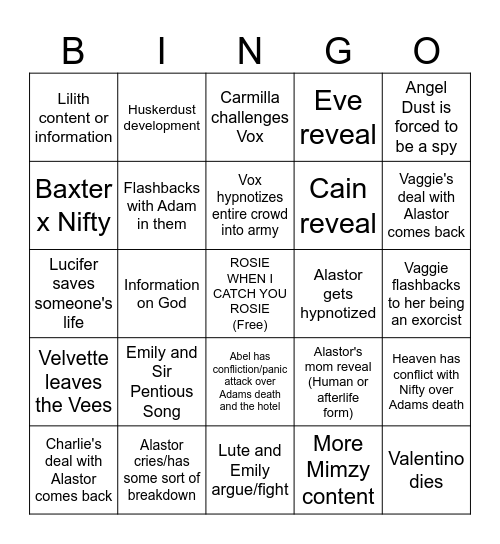 Hazbin Hotel Season 2 Bingo Card