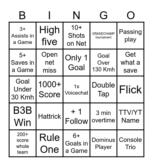 Rocket League Bingo Card