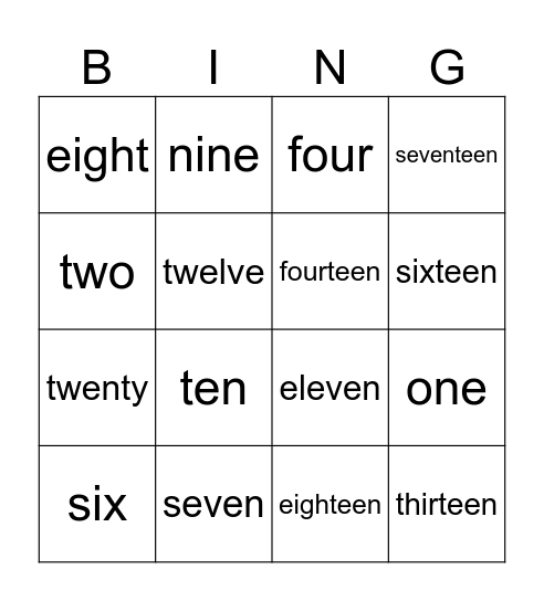 BINGO 1-20 Bingo Card