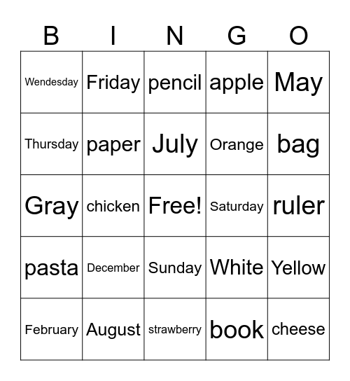 Spelling Bee Bingo Card