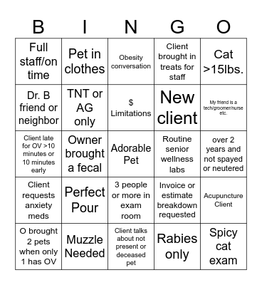 Veterinary Bingo Card