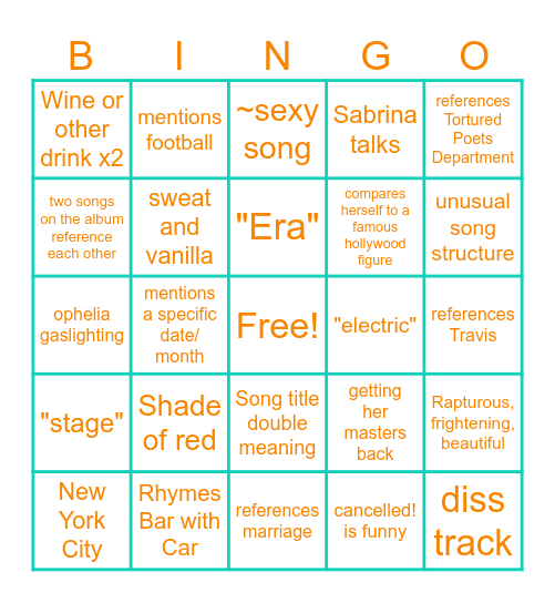 Life of a Showgirl Release Bingo Card