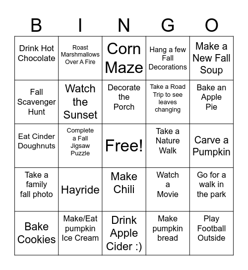 Fall Activities Bingo Card
