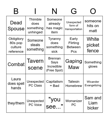 Critical Role C4 EP1 Bingo Card