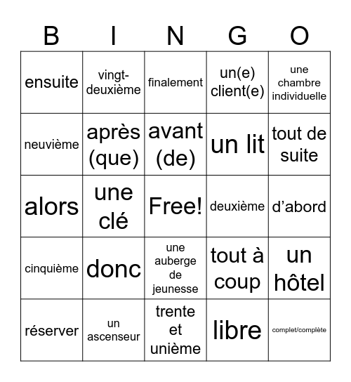 Chemins 2, Vocab 2B Bingo Card