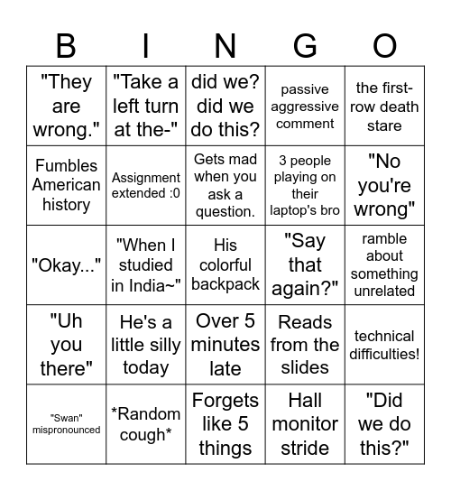 This class broski Bingo Card