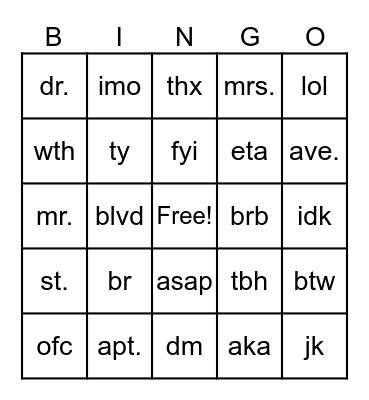 ABBREVIATIONS Bingo Card