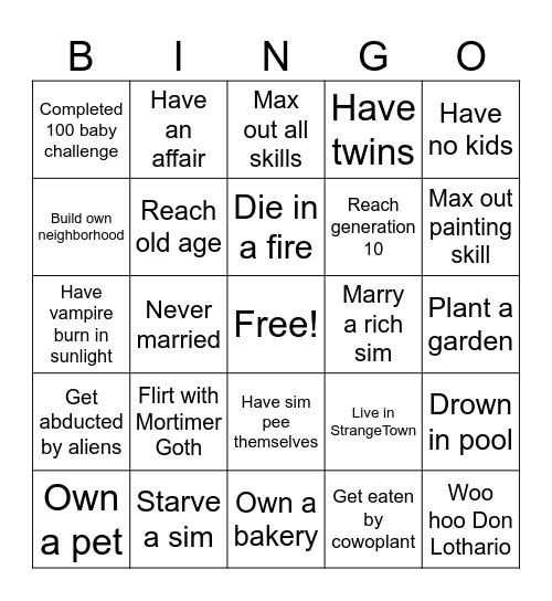 The Sims Bingo Card