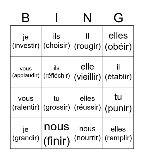 verbes du deuxième groupe Bingo Card