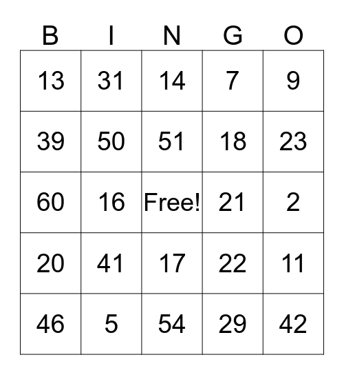 Bingo chiffres de 1 à 69 Bingo Card