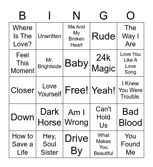 2010's Music Bingo Card