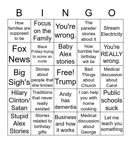 Thanksgiving Argument Bingo! Bingo Card