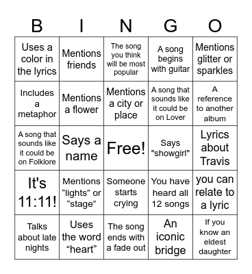 The Life of a Showgirl Bingo Card