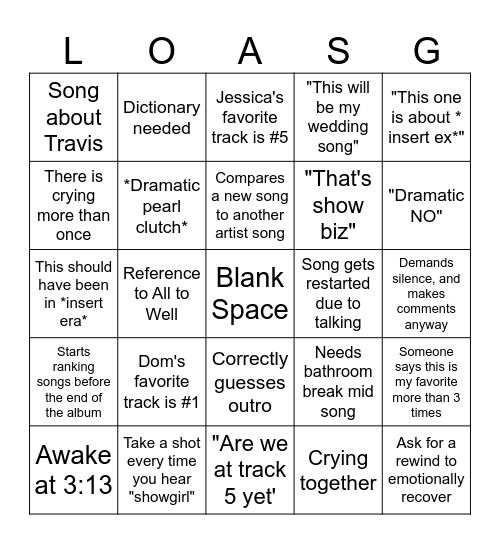 Life of A Showgirl Bingo Card