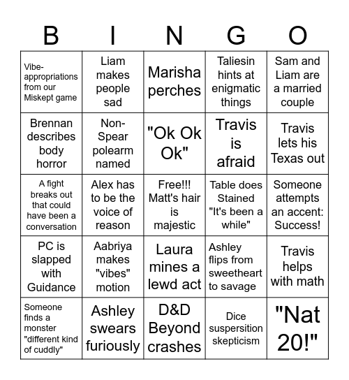 Critical Role C4 Bingo Card