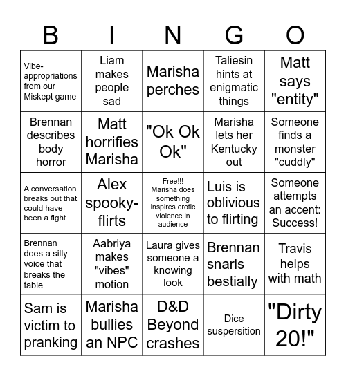 Critical Role C4 Bingo Card