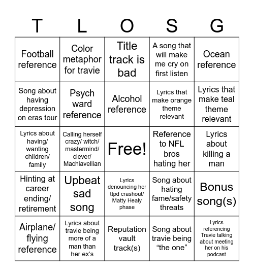 The Life of a Showgirl Bingo Card