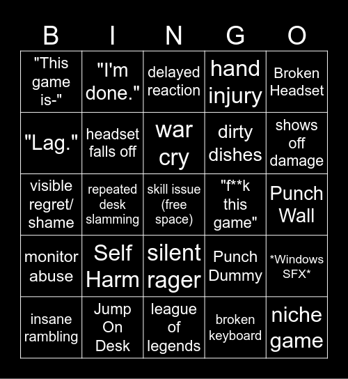 Gamer Rage Bingo Card