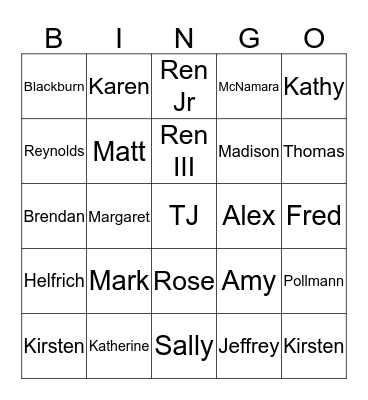 FAMILY NAMES BINGO Card